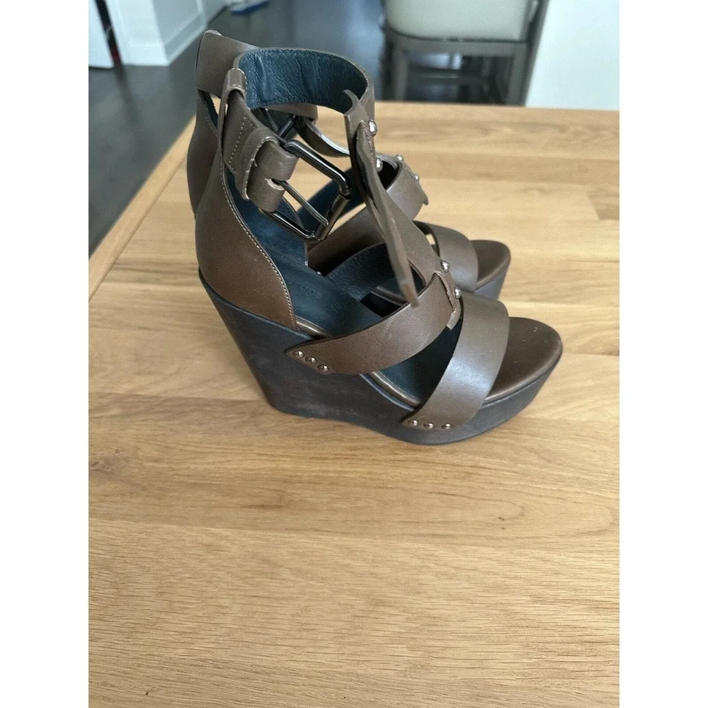AllSaints Womens Brown Leather Studded Platform Wedge Ankle Strap Sandals 40
